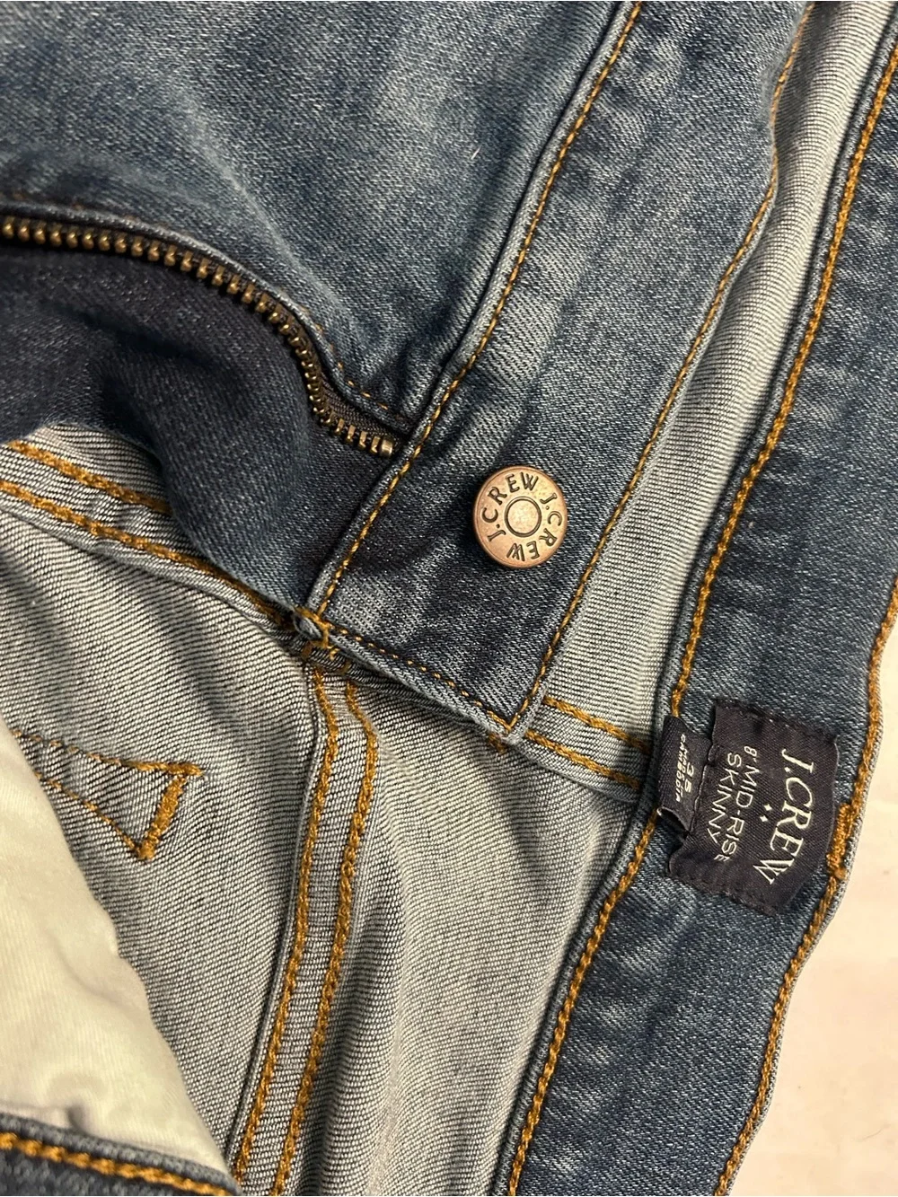 J. Crew Blue Denim Skinny Jeans with Gold Stitching